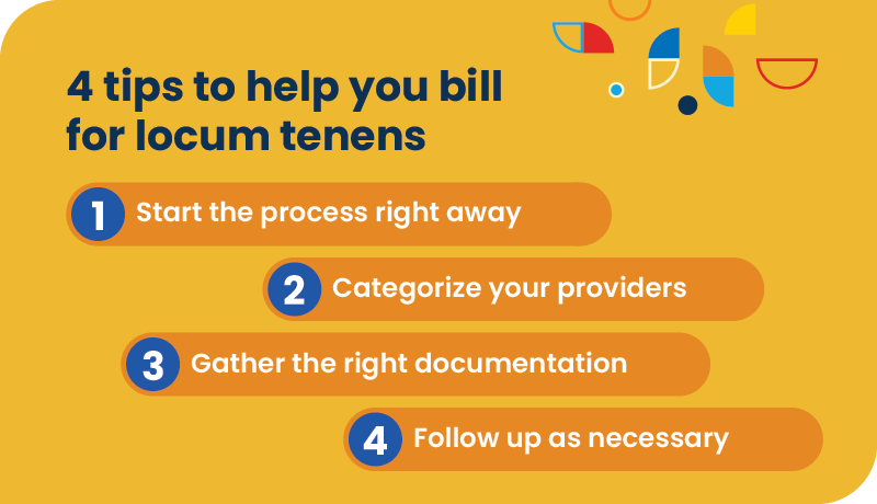 Graphic list of <p>4 tips to help with locum payer enrollment